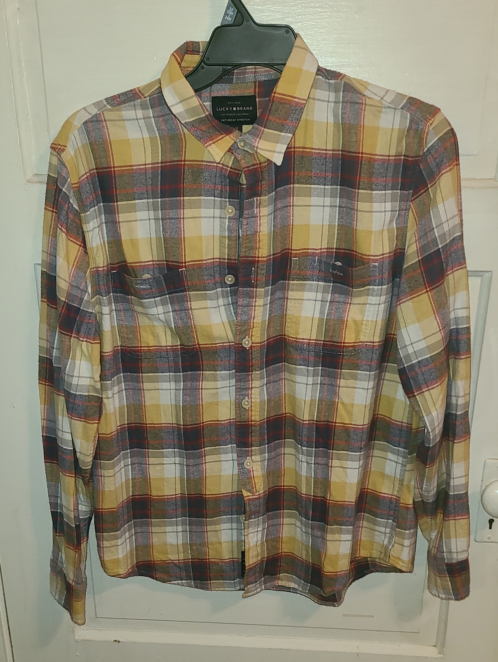 Lucky Brand Men’s Yellow and Navy Plaid Button-Down Shirt